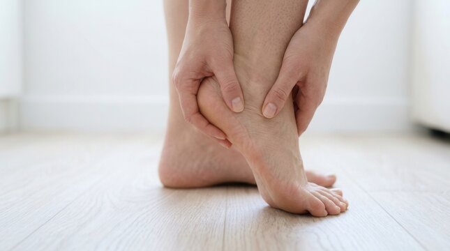 Close-up of bare feet with a person feeling pain on foot heel