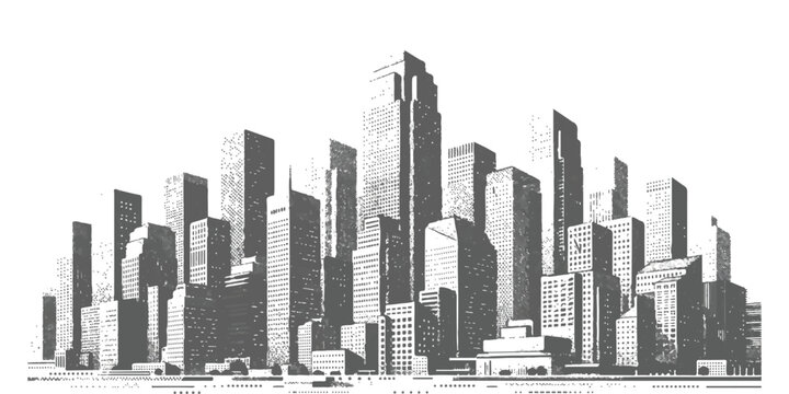Black and white illustration of a modern city skyline with tall skyscrapers and office buildings