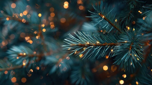 Close-up of dense blue-green fir branches with warm golden garland lights softly blurred behind them, showing glowing bulbs among the needle. Christmas decoration setting