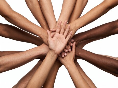 Diverse people stacking hands together in a circle isolated on a white background to symbolize unity with represent cooperation equality
