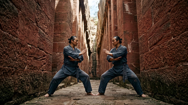 Two martial artists practicing kung fu in a narrow stone corridor, ancient canyon walls, focused movement and discipline. Martial arts, wellness, traditional culture, physical fitness.