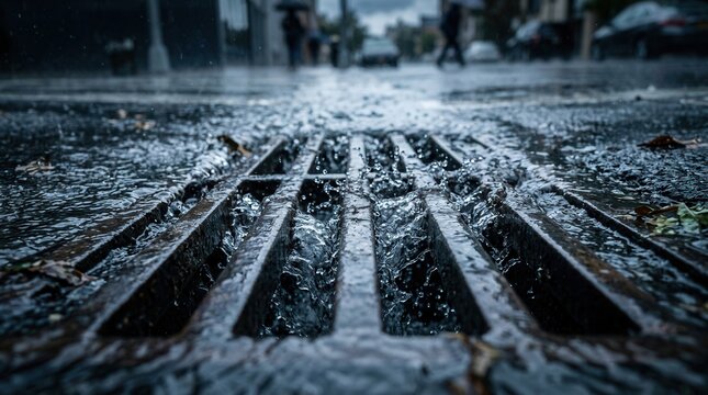 Rainwater flowing through a metal grate on a storm drain
