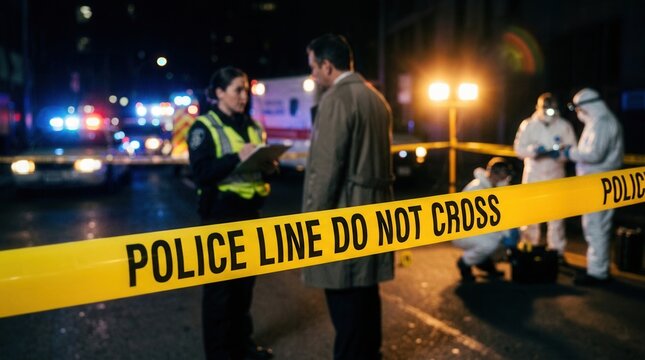 Night crime scene investigation featuring forensics, paramedics, and police tape in cinematic style.