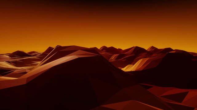 Dramatic low poly Martian mountains stretching under an orange twilight sky with sharp angular ridges in a sci-fi 3D animation