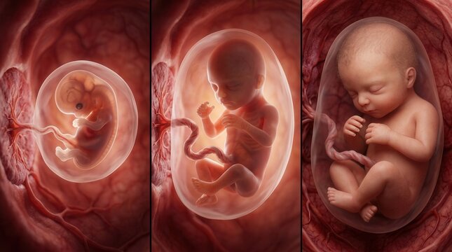 Three timeline phases of human pregnancy showing fetal development stages from embryo to fetus inside the uterus.