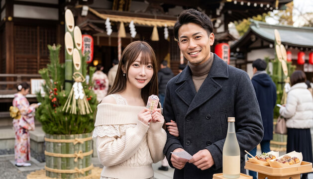 Japanese couple holding omamori amulet at shrine during New Year visit