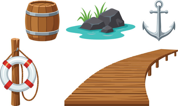 Nautical and beach element vector set with wooden pier barrel lifebuoy anchor and rock island isolated on white background.