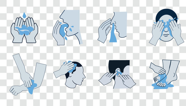 Wudu and Salah Steps Line Icons Set - Islamic Ablution and Prayer Position Illustration, Minimalist
Hygiene Steps Vector Icons showing hand washing face cleaning ear care and foot washing