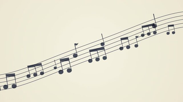 Animated music staff with bouncing musical notes flowing along a curved sheet music, seamless loop background