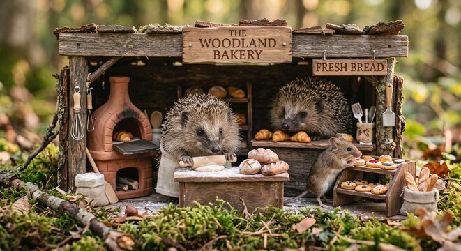 Candid close-up of hedgehogs and mice baking miniature bread and pastries at a detailed woodland market stall