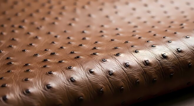 Detailed close-up of luxurious brown ostrich leather showcasing its unique natural texture and distinctive bumpy quill patterns, ideal for high-end fashion and upholstery materials
