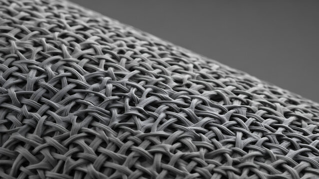 Macro view of dark grey woven mesh texture with interlocking pattern micro-texture material collection material abstract background