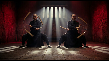 Obraz premium Two martial artists performing synchronized movements with flexible weapons in a stone dungeon, dramatic lighting through window bars. Martial arts training, combat sports, action performance.