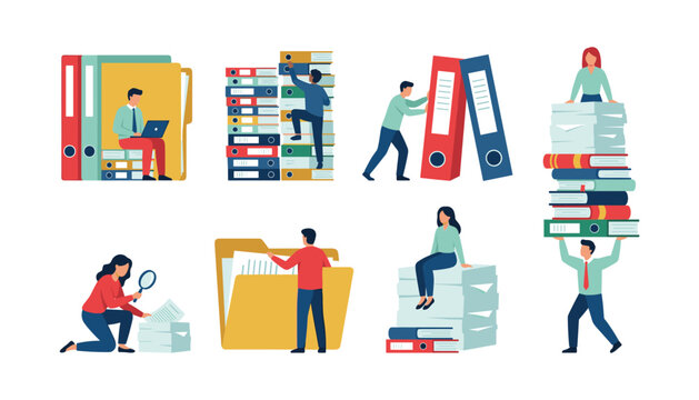 Office workers organizing huge folders and documents database management archive and paperwork workflow flat vector illustration
