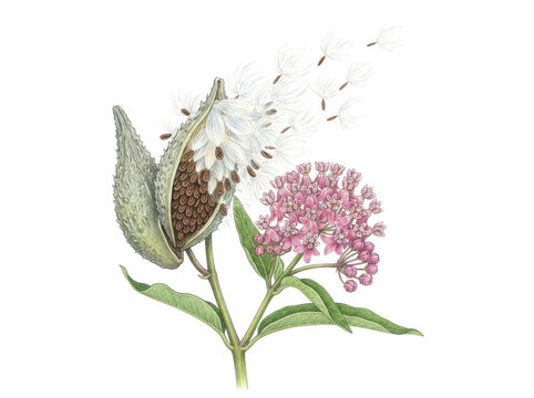 Milkweed plant pod bursting with seeds and a cluster of pink flowers in a detailed botanical pencil drawing style