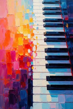 Abstract music poster features colorful piano keyboard. Artistic oil painting style shows rainbow colors melting into musical keys. Creative background design for jazz concert classical music