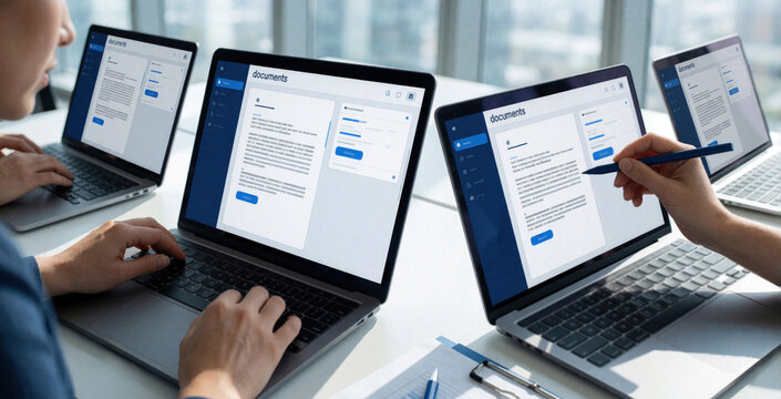 Young caucasian woman organizes digital business files on laptop computer in modern office. Female pro manages data inventory, document workflow using software platform. Team members work together on