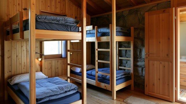 Cozy hostel room with bunk beds in raw style, travel accommodation