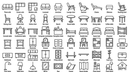 100 Modern Interior Furniture Linear Icons Featuring Sofas Beds Tables Cabinets Chairs Desks Storage and Editable Stroke Vector Art © Liton