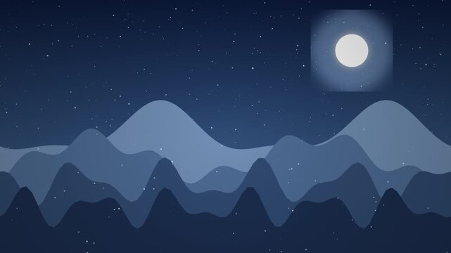 Winter night snowy hills parallax, blue flat nature scenery, seamless 4K loop