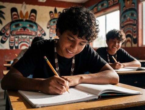 Native American boy writes in notebook at school desk. Indigenous student learns in classroom with tribal art on wall. Happy classmate smiles in background. Young boy studies science math during