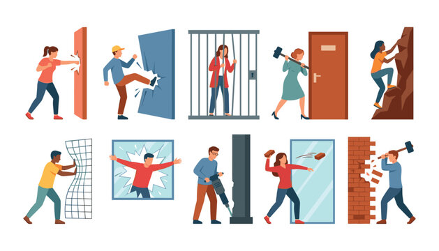 People overcoming obstacles breaking walls windows doors and escaping cages representing freedom challenge success and power concept vector,