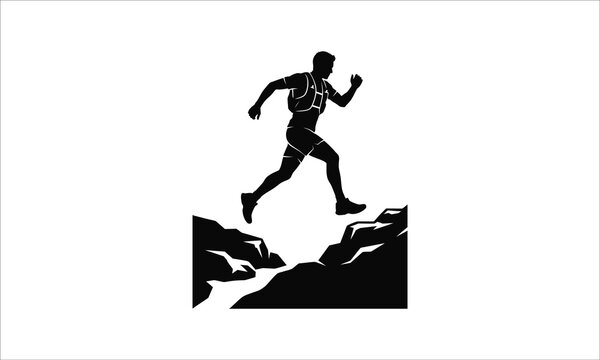 Trail runner jumping over a mountain gap in a black silhouette vector