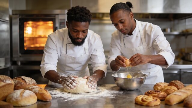 Two professional chefs preparing bakery products by kneading dough and mixing ingredients inside a busy restaurant kitchen