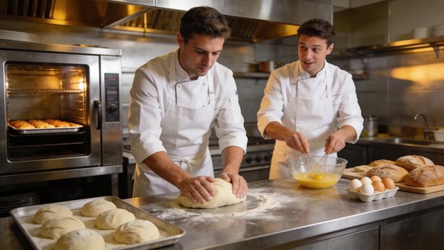 Professional bakers mixing eggs and kneading dough while preparing fresh bread inside a modern stainless steel restaurant kitchen
