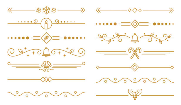 Winter gold line dividers. Thin separators with snowflake, candle, bell, candy cane, holly, pine branch, diamond and swirl ornaments. Elegant decorative border elements for menu. Vector set