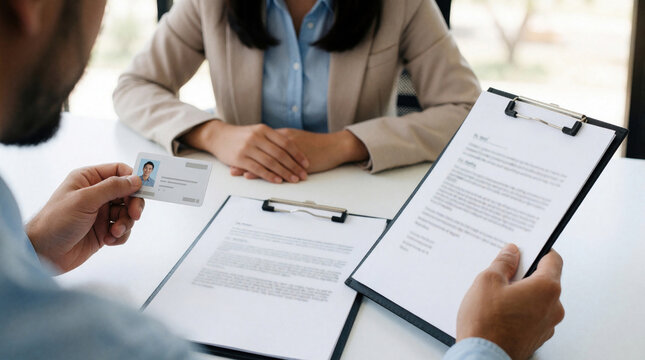Job seeker shows identity card to female recruiter during office interview. Candidate presents ID for verification manager reviews pro documents on clipboard. New employee begins onboarding process,