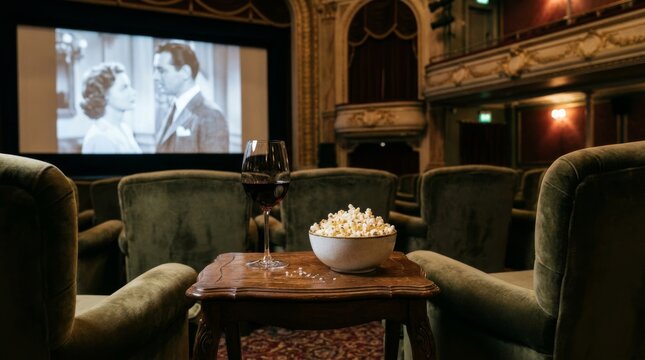 Red wine glass and popcorn bowl sit on a table inside a movie theater.