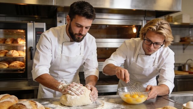 Two professional male chefs in white cook uniforms and aprons are kneading pastry dough and eggs, preparing bread and fresh bakery food, baking in oven at stainless steel kitchen of restaurant