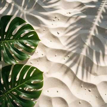 Tropical monstera leaves resting on white sand beach with intricate palm frond shadows cast across the textured surface creating an artistic organic composition for sunny vacation background concepts