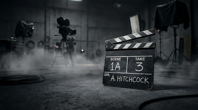Vintage movie clapperboard on a dark film set with smoke and vintage camera equipment.