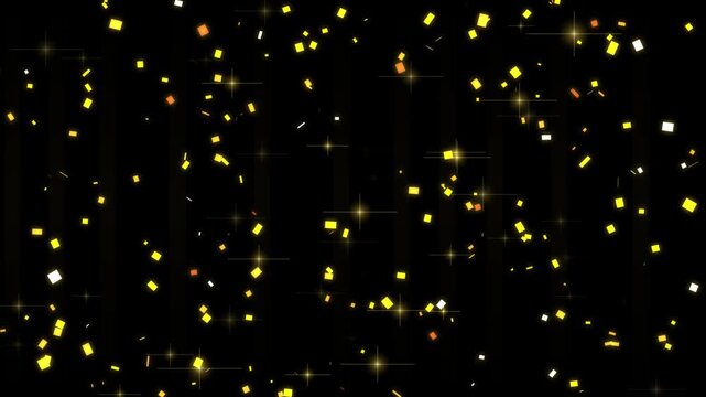 Festive background with falling golden confetti and sparkling light particles on black.
