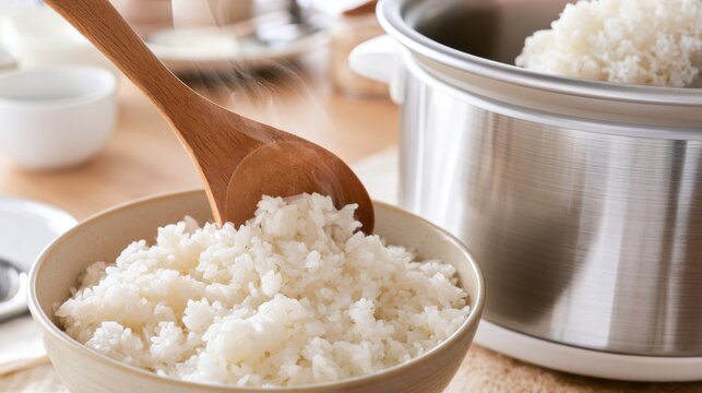 Steamed white rice scooped into bowl from rice cooker, home cooking meal prep, kitchen workflow, food service and rice meal planning
