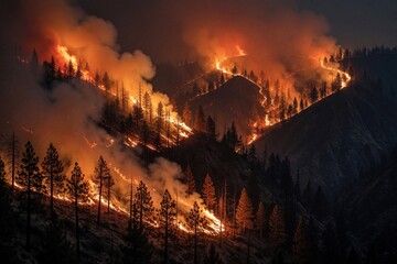 Obraz premium Aerial view of massive forest fire burning on mountain slopes at night. Large orange flames, thick smoke rise from pine trees during wildfire disaster. Intense heat, glowing embers destroy woodland