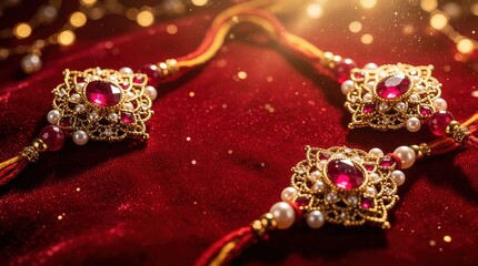 Obraz premium Traditional Rakhi bracelets lie on luxury red velvet fabric. Ornate gold jewelry with ruby stones, white pearls decorates festive background. Sacred Hindu thread for Raksha Bandhan celebration
