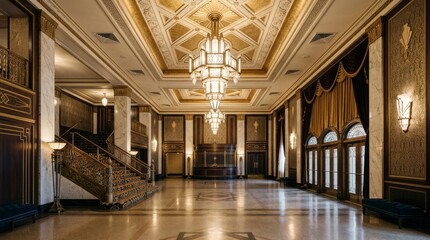 Obraz premium The elegant grand hotel lobby features a large crystal chandelier hanging from the ceiling.