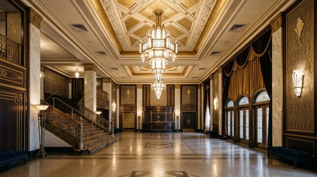 The elegant grand hotel lobby features a large crystal chandelier hanging from the ceiling.