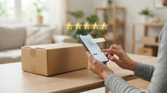 Person using a smartphone to leave a fivestar review for a delivered package on a wooden table at home