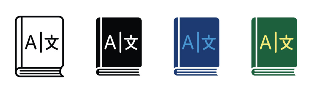 Translation and dictionary book icon set in outline, solid black, blue and green flat styles with language symbols for foreign language learning, education and multilingual communication vector