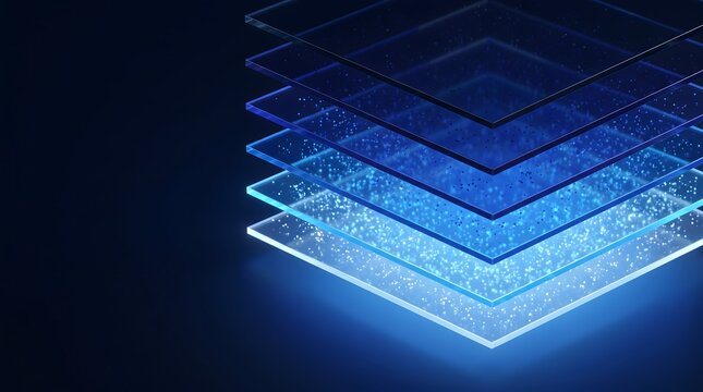 Abstract layers of transparent material with glowing particles and blue light representing data information or digital structure