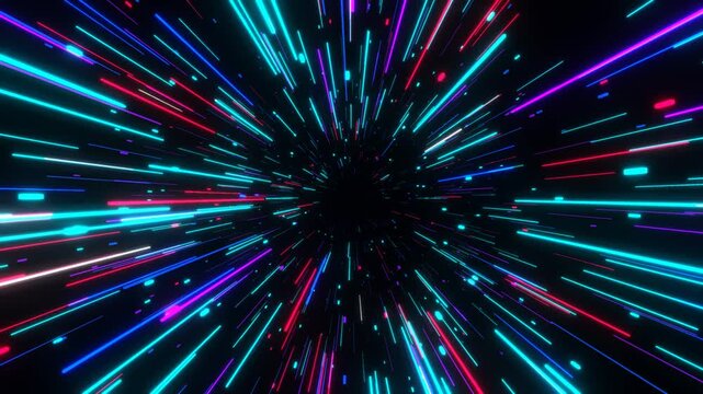 Premium 4K 3D animation of high-speed glowing neon light trails representing fiber optic data transfer, 5G internet, and cyberspace. Fast-moving cyan and pink laser lines travel towards the camera