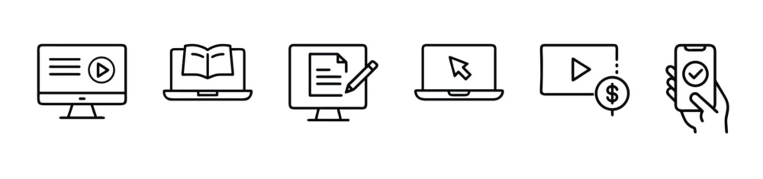 Online course line icons set with laptop video player ebook digital test paid streaming smartphone & vector illustration with editable stroke.
