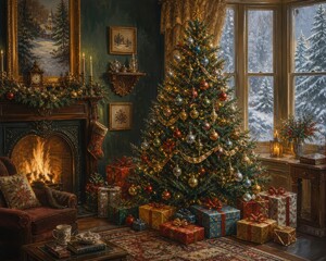 Obraz premium Cozy Christmas living room with decorated tree and fireplace