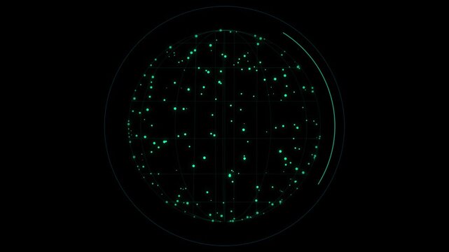 Abstract digital circular interface with glowing green data points on a dark background.
