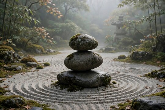 Mossy Zen Garden With Balanced Stones and Raked Sand Pattern