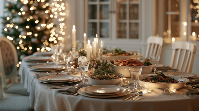 Festive Christmas dining table prepared for a family celebration, with seasonal decorations, candles, serving dishes and warm Christmas lights.